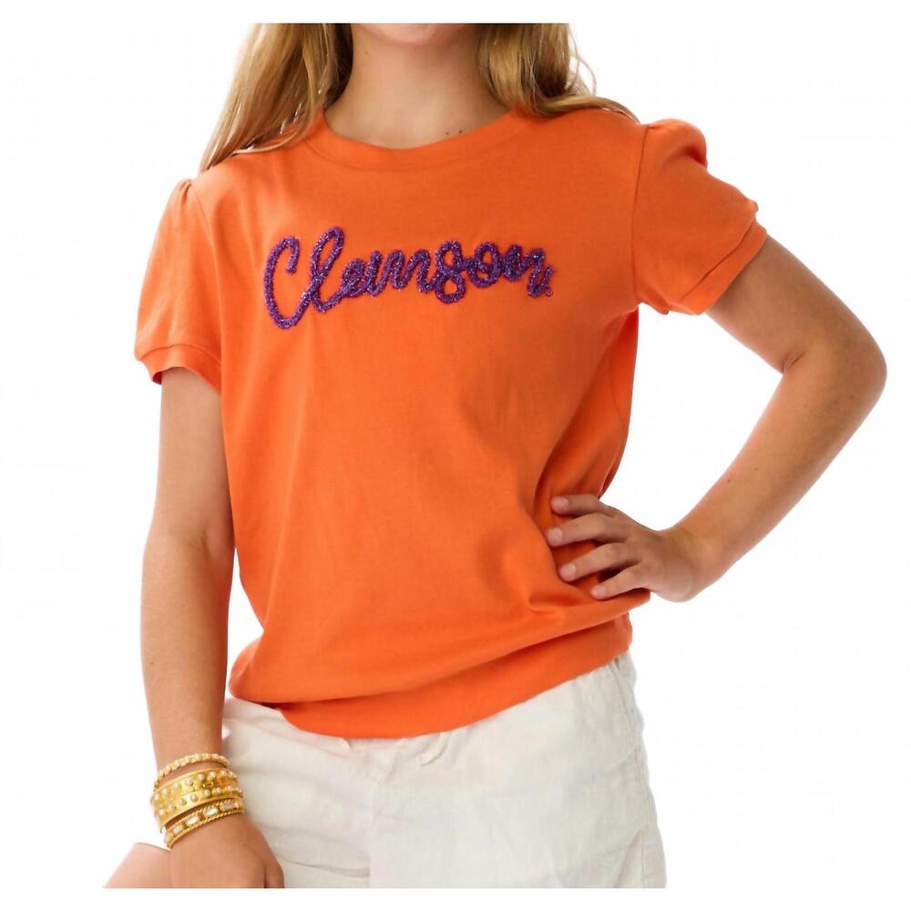 NEW STEWART SIMMONS girls clemson glitter script top in orange
